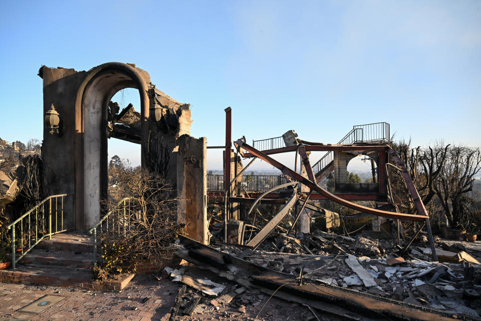 LOS ANGELES, CA - JANUARY 11: A view of a burned house on a top hill in Pacific Palisades neighborhood during Palisades wildfire in Los Angeles, California, United States on January 11, 2025. (Photo by Tayfun Coskun/Anadolu via Getty Images)