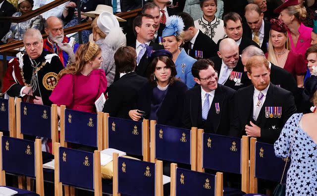 YUI MOK/POOL/AFP via Getty (Third row, from left) Prince Andrew, Princess Beatrice, Edoardo Mapelli Mozzi, Princess Eugenie, Jack Brooksbank and Prince Harry at the coronation of King Charles and Queen Camilla at Westminster Abbey on May 6, 2023.