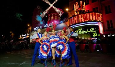 Moulin Rouge dancers perform at the 130th Anniversary Le Moulin Rouge celebration on Sunday, October 6, 2019 in Paris