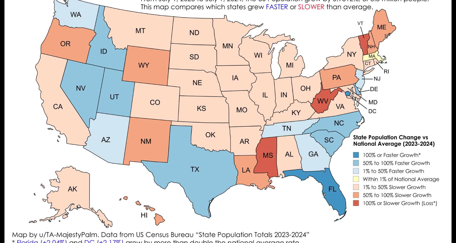 [OC] State Population Growth Rate vs National Average
