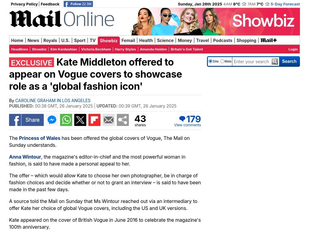 Kate Middleton offered to appear on Vogue covers to showcase role as a 'global fashion icon'