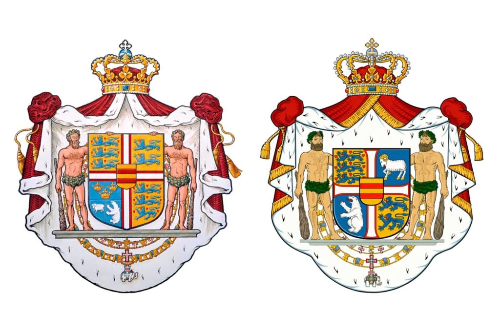 The new Danish coat of arms (right) features a bear, the symbol of Greenland, and ram, the symbol of the Faroe Islands, more prominently. Kongehuset