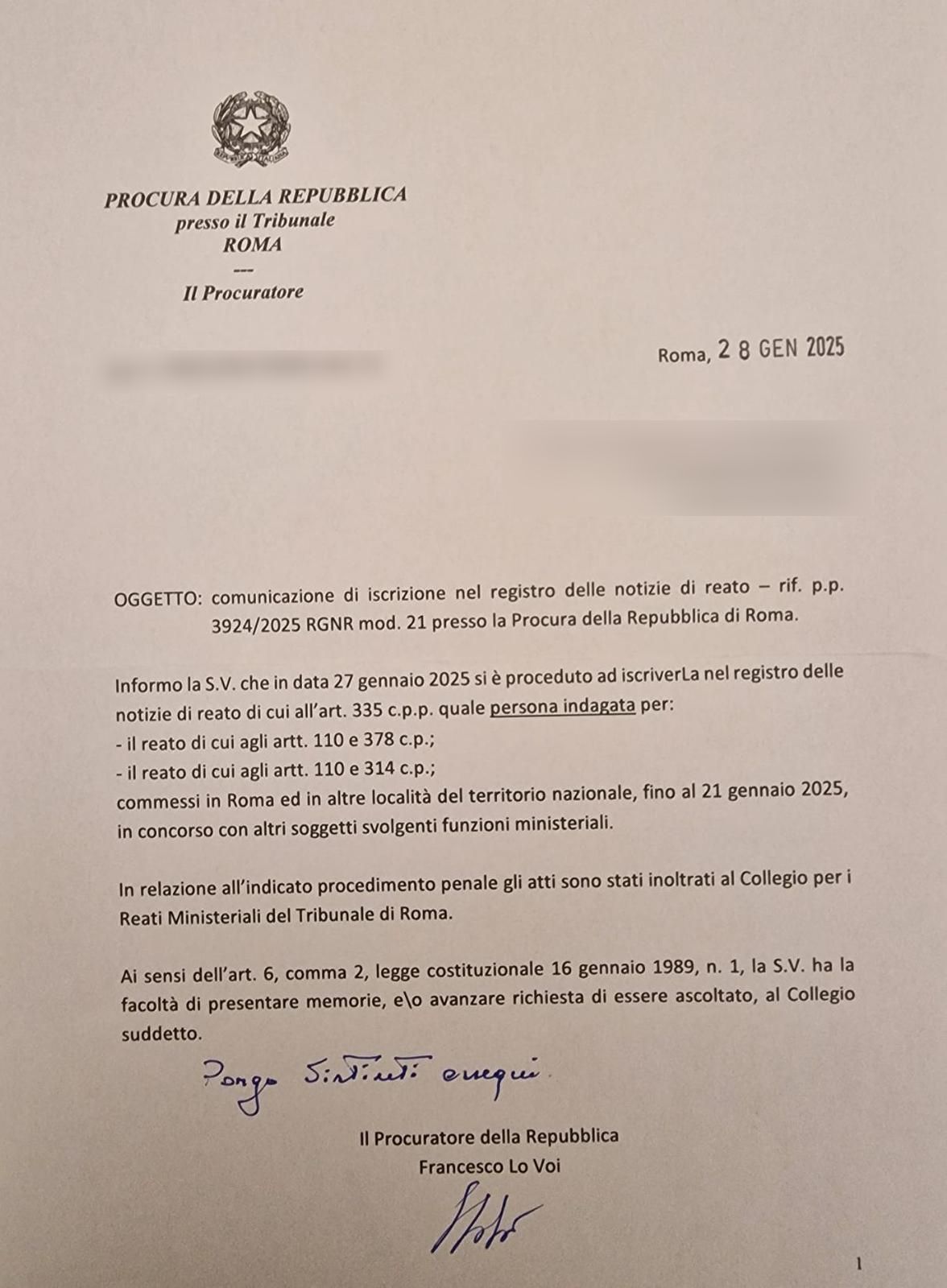 Avviso di garanzia Meloni Mantovano Nordio  Piantedosi