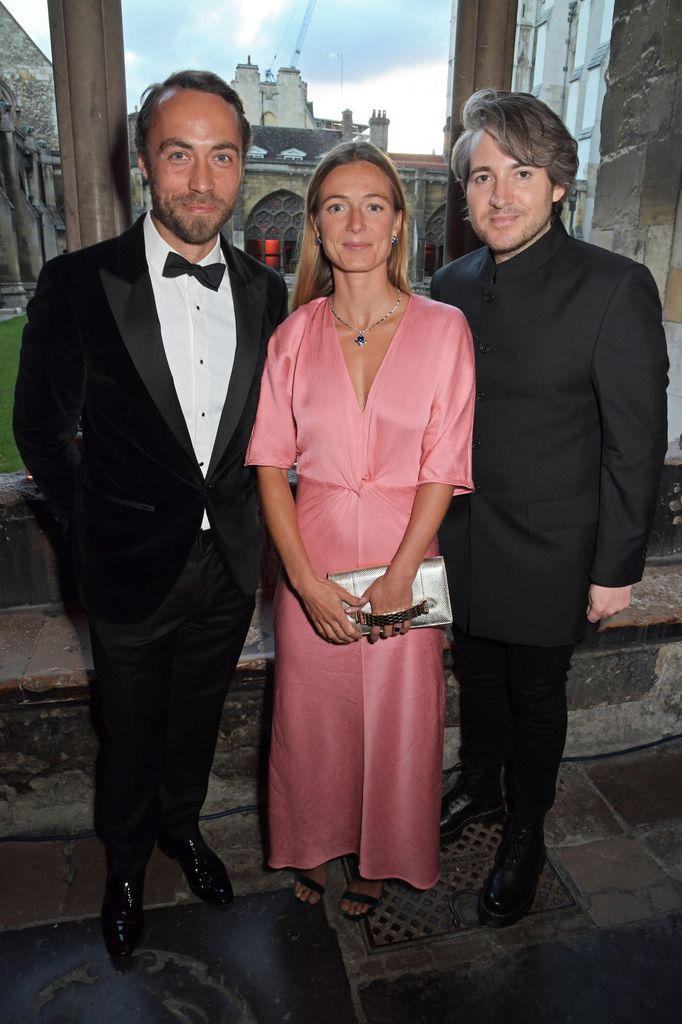  James Middleton, Alizee Thevenet and Editor of Tatler Richard Dennen attend the Bulgari gala dinner to celebrate the Queen's Platinum Jubilee and unveil the 'Jubilee Emerald Garden' high jewellery set at Westminster Abbey on July 1, 2022 in London, England. 