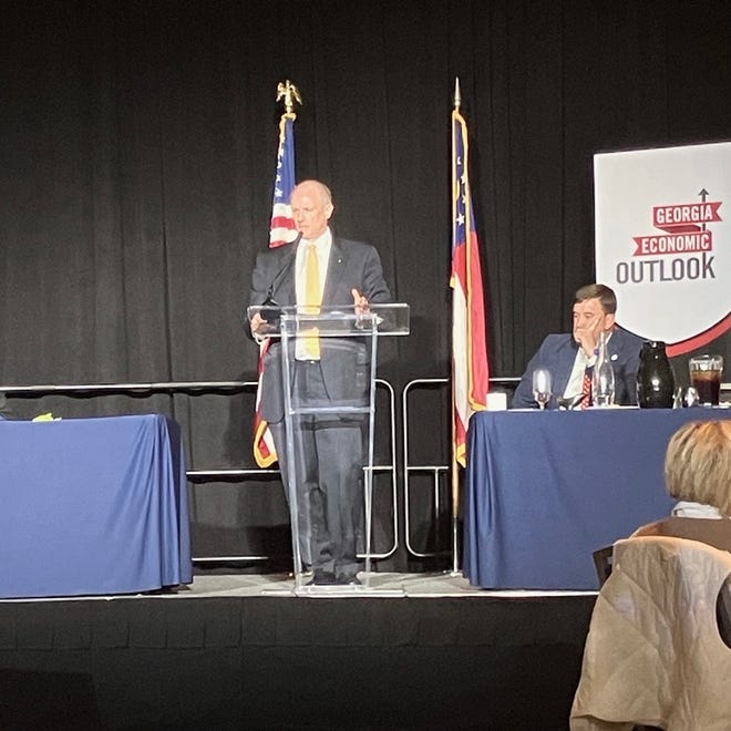 Georgia Southern professor Michael Toma gives a regional economic forecast at the Savannah Area Chamber of Commerce's economic outlook luncheon on Jan. 18, 2024.