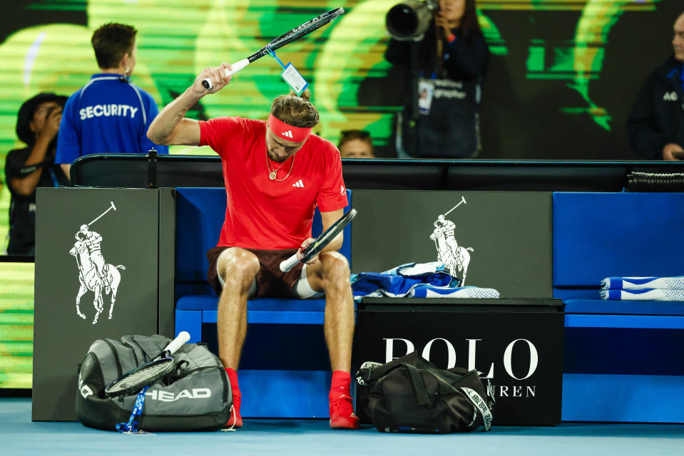 26 January 2025, Australia, Melbourne: Tennis: Grand Slam - Australian Open, Singles, Men, Final. Sinner (Italy) - Zverev (Germany), Rod Laver Arena.  Alexander Zverev reacts disappointed. Photo: Frank Molter/dpa (Photo by Frank Molter/picture alliance via Getty Images)