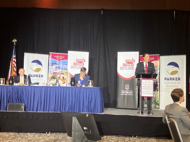Georgia Southern University economist Michael Toma (left) participated in the Savannah Area Chamber of Commerce's Economic Outlook Luncheon alongside University of Georgia Terry College of Business Dean Benjamin C. Ayers (right) on Jan. 8, 2024.