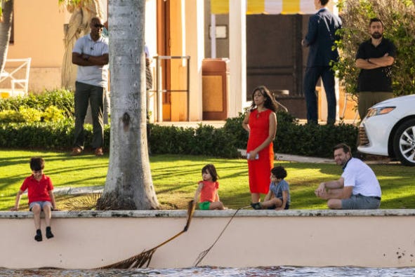 J.D. Vance, Vice President-elect, and wife Usha Chilukuri Vance supervise their children Ewan Blaine, Mirabel Rose and Vivek play along the sea wall at Mar-a-Lago in Palm Beach, Florida, on November 15, 2024.