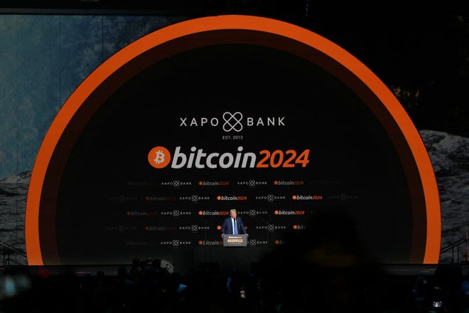 President Donald Trump speaks at the Bitcoin 2024 event in Nashville, Tennessee, on July 27, 2024.