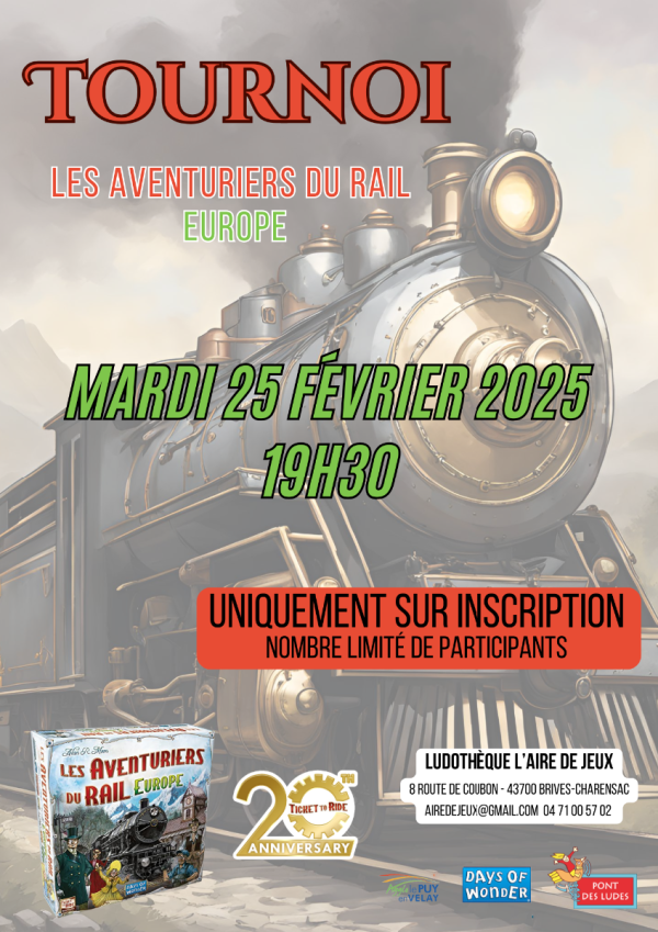 Tournoi du jeu le 25 février Les Aventuriers du Rail Europe à Brives-Charensac
