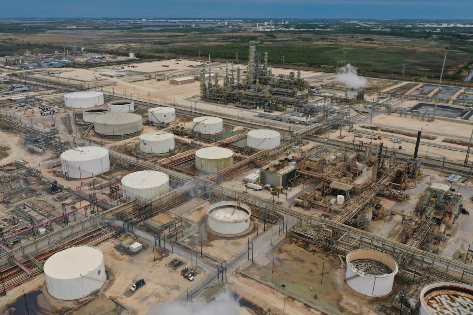 An aerial view of storage tanks at Exxon Mobil’s Beaumont oil refinery, which produces and packages Mobil 1 synthetic motor oil, in Beaumont, Texas, U.S., March 18, 2023. Picture taken with a drone March 18, 2023. REUTERS/Bing Guan