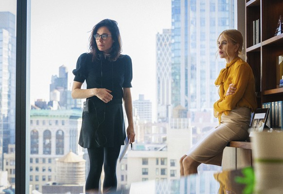 This image released by A24 shows director Halina Reijn, left, and Nicole Kidman on the set of "Babygirl." (A24 via AP)