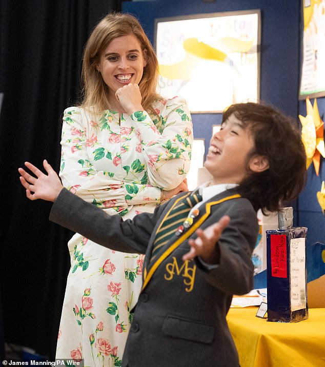 Princess Beatrice, patron of the British Skin Foundation, appeared entertained as as a child informed his class of the dangers of not wearing sun cream