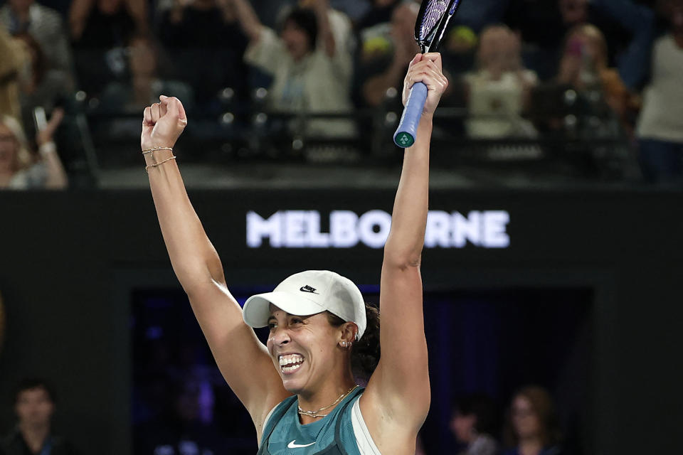 American Madison Keys celebrates match point against Aryna Sabalenka to win the 2025 Australian Open title. (Photo by MARTIN KEEP/AFP via Getty Images)