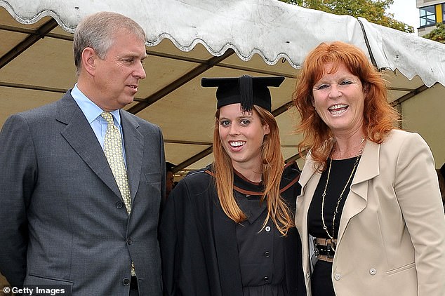 Beatrice smiling with her parents on her graduation day at Goldsmiths College in 2011