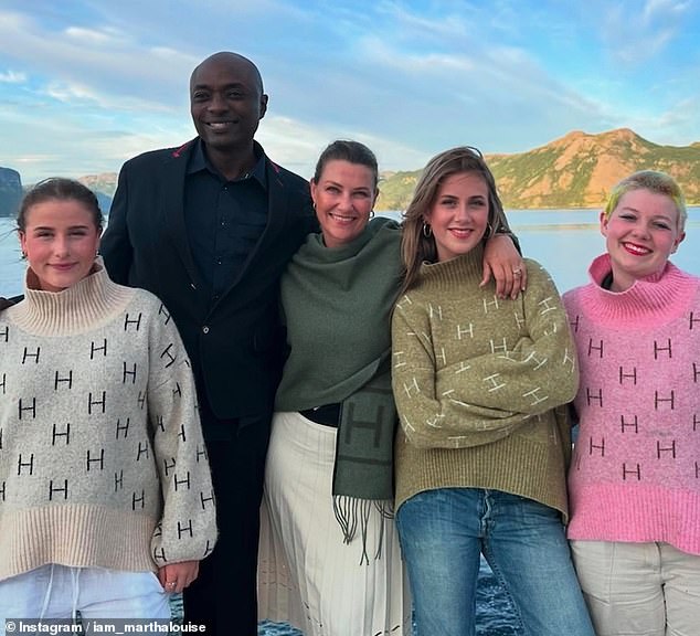 Pictured: Princess Martha Louise of Norway with her new husband Shaman Durek and her three daughters Maud Angelica, 21, Leah Isadora, 19, and Emma Tallulah, 16