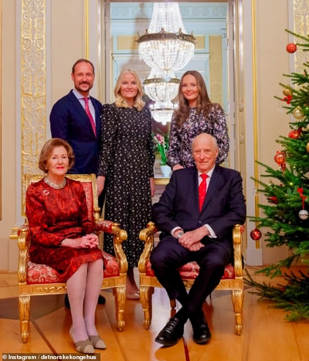 Pictured: King Harald and Queen Sonja of Norway with their son Crown Prince Haakon, his wife Princess Mette-Marit and their daughter Princess Ingrid Alexandra