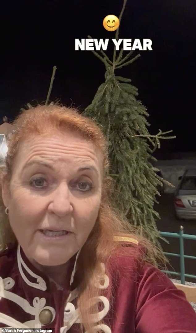 The Duchess of York , 65, wrapped up warm in a burgundy suede coat as she stepped outside in Altaussee to record her New Year message