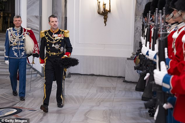 King Frederik X of Denmark inspects the Royal Guard during a New Year's Gala at Amalienborg Palace