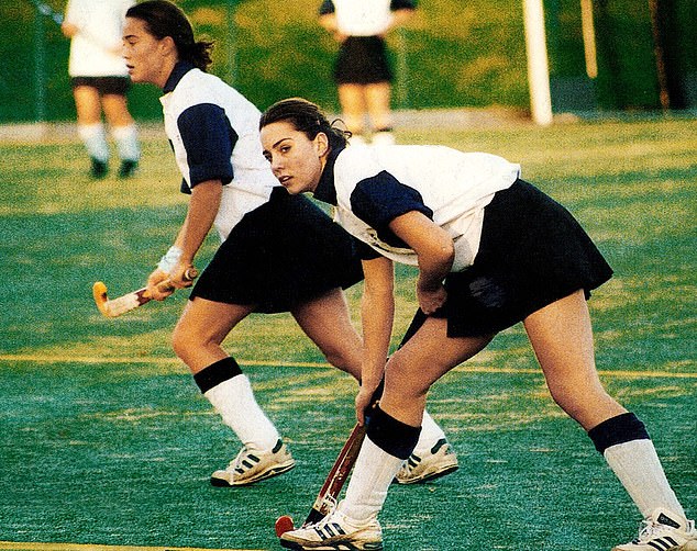 Kate Middleton playing hockey with her sister Pippa Middleton (left) at Marlborough College