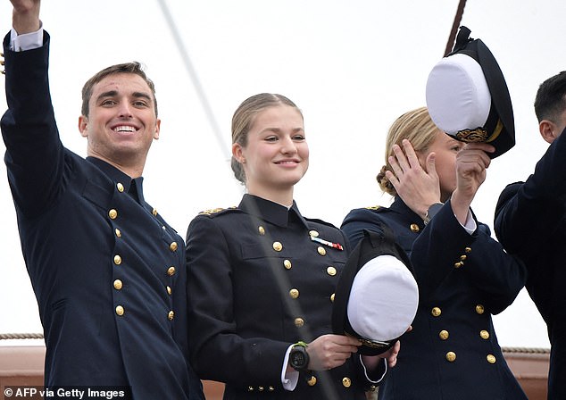 The future queen, 19, smiled at onlookers as she joined her fellow students on the deck of the Juan Sebastian Elcano ship