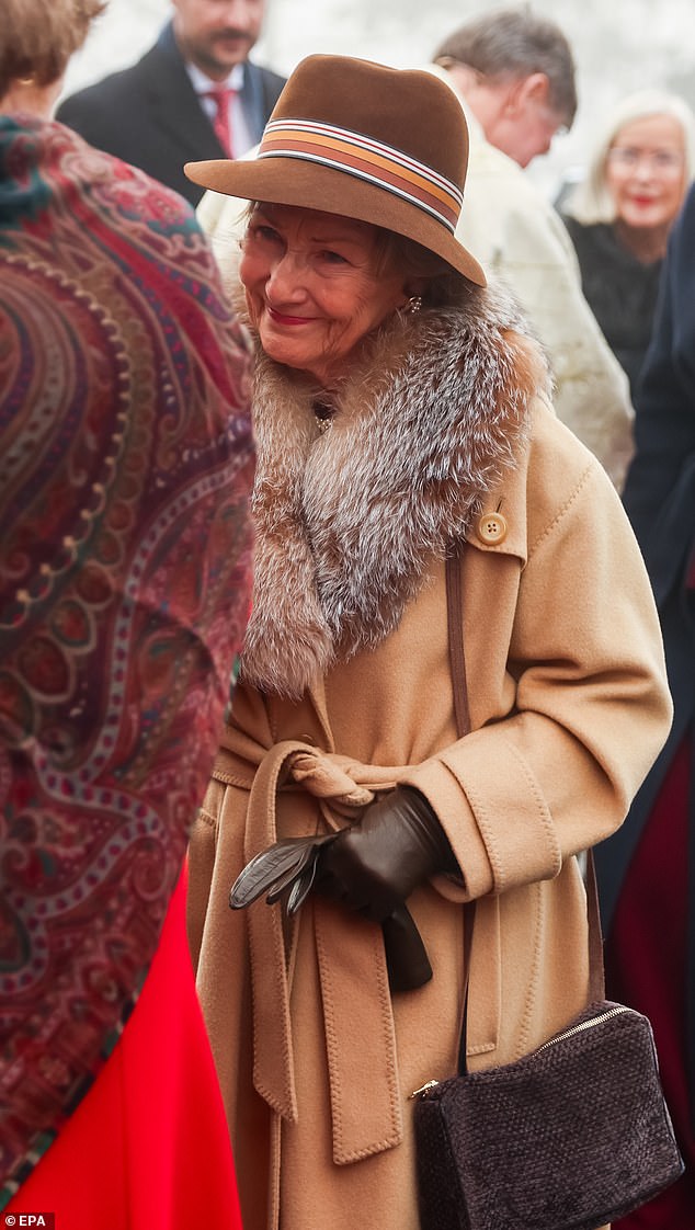 The 87-year-old was seen out at the Holmenkollen Chapel for the Christmas Day service in Oslo, Norway (pictured)