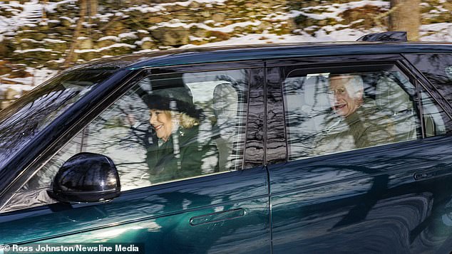 77-year-old Queen Camilla was all smiles as she left the Sunday service at Crathie Church via car