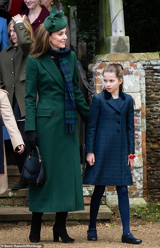 Kate and Charlotte delighted royal-watchers as they arrived at St Mary Magdalene Church in Sandringham, dressed in coordinated navy and green ensembles