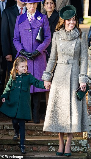 At St Mary Magdalene Church, Sandringham, in 2019, Charlotte coordinated with her mother's outfit in a bottle green coat by Amaia