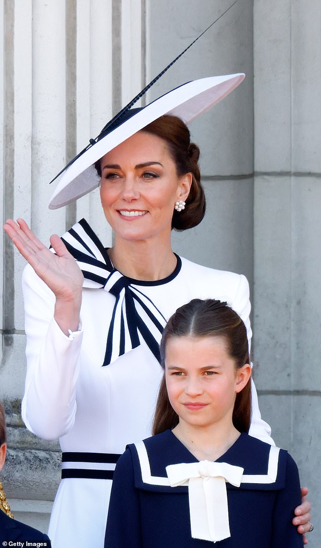 For the 2024 Trooping the Colour, Kate refashioned her dress with a striped waist trim and a striking bow added to the neckline, harmonising with Charlotte's nautical-inspired outfit