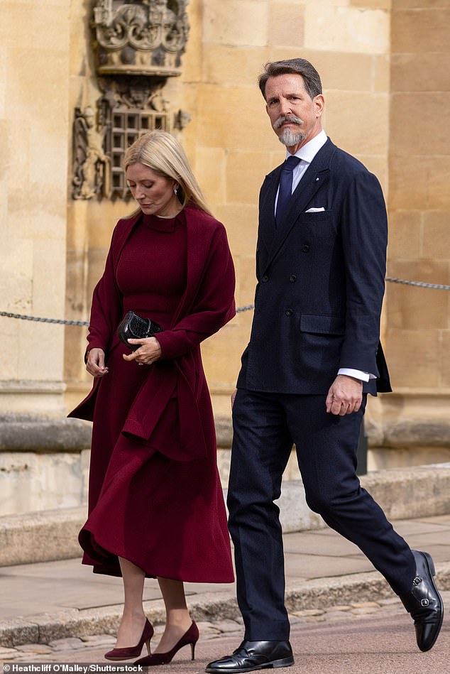 Pavlos and Marie-Chantal at the thanksgiving service for the life of His Majesty King Constantine at St Georges Chapel inside the grounds of Windsor Castle on February 27, 2024