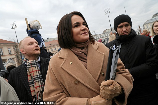 Belarus' exiled opposition leader SviatlanaTsikhanouskaya in Warsaw. She has condemned today's election as a 'farce'