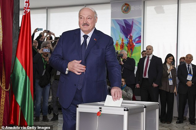 Belarusian president Alexander Lukashenko casting his vote in Sunday's election. With many of his opposition either in prison or exiled, the 70-year-old sailed to victory in today's election winning a staggering 87.6 per cent of the vote, according to exit polls