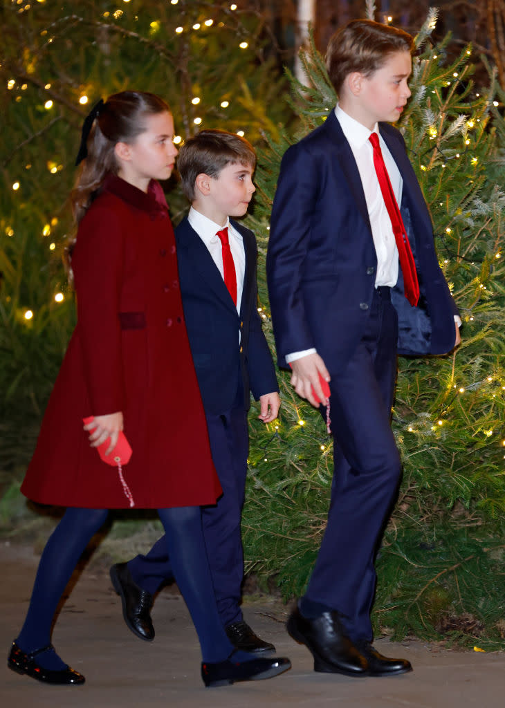 LONDON, UNITED KINGDOM - DECEMBER 06: (EMBARGOED FOR PUBLICATION IN UK NEWSPAPERS UNTIL 24 HOURS AFTER CREATE DATE AND TIME) Princess Charlotte of Wales, Prince Louis of Wales and Prince George of Wales attend the 'Together At Christmas' Carol Service at Westminster Abbey on December 6, 2024 in London, England. Spearheaded by The Princess of Wales, and supported by The Royal Foundation, the theme for this years' 'Together At Christmas' service is the importance of love and empathy, and how much we need each other, especially during the most difficult times of our lives. The service also highlights remarkable individuals from across the UK who have demonstrated extraordinary kindness, empathy, and support within their communities. (Photo by Max Mumby/Indigo/Getty Images)