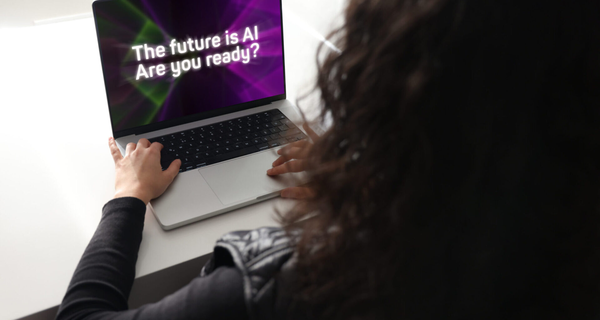 Woman using laptop with artificial intelligence screen