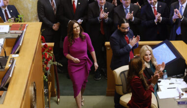 Gov. Sarah Huckabee Sanders is applauded as she walks to the podium before giving the State of the ...