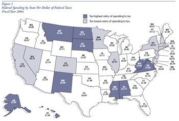 Ratio of spending by state per dollar of Federal taxes