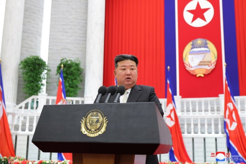 North Korean leader Kim Jong Un is seen delivering a speech on the 76th anniversary of North Korea's founding on September 9, 2024. File Photo by KCNA/EPA-EFE
