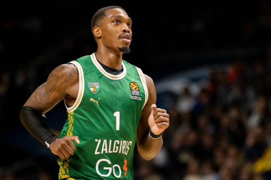 Lonnie Walker IV of Zalgiris Kaunas looks on during the Turkish Airlines EuroLeague Regular Season Round 16 match between Alba Berlin and Zalgiris ...