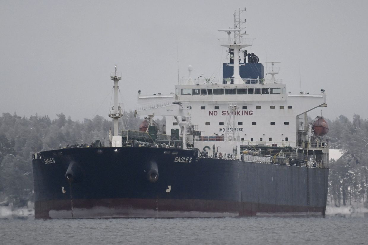 The Eagle S oil tanker is seen anchored near the Port of Kilpilahti in Porvoo, Finland, on Jan. 13, 2025. 