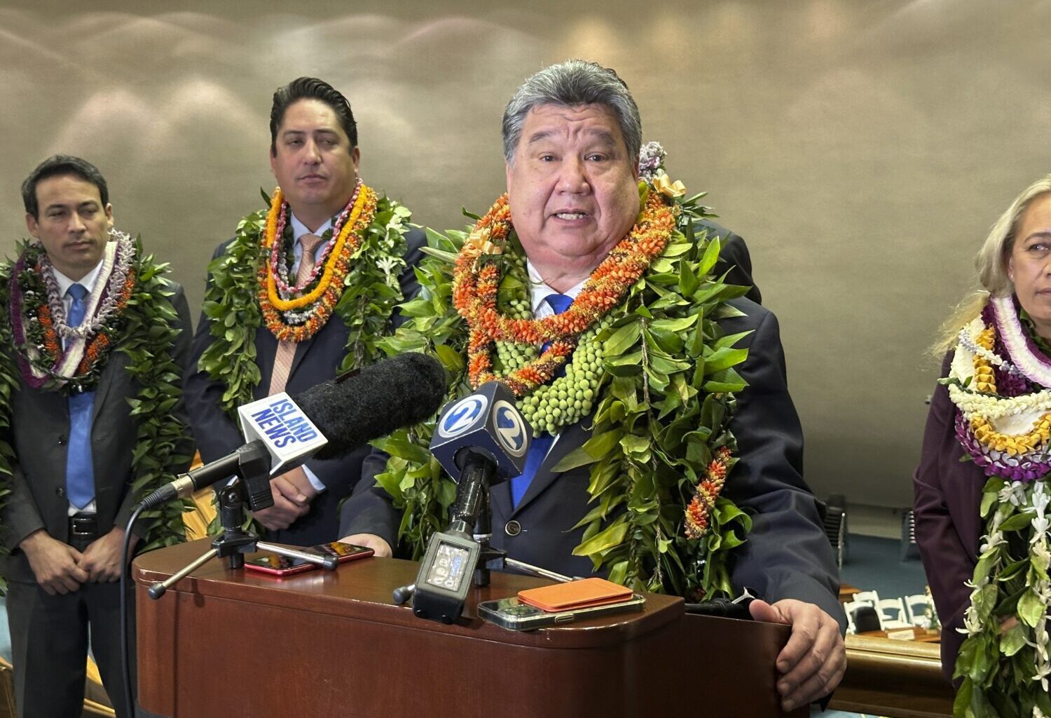 Hawaii Senate President Ron Kouchi speaks to journalists at the state Capitol in Honolulu on Wednes...