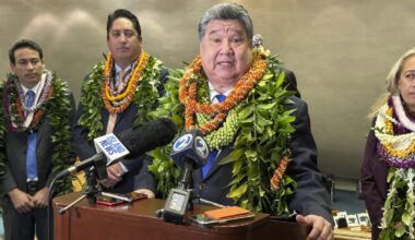 Hawaii Senate President Ron Kouchi speaks to journalists at the state Capitol in Honolulu on Wednes...