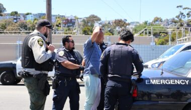 Police officers are sweeping the street, detaining a man next to a marked police car during daytime, with buildings visible in the background.