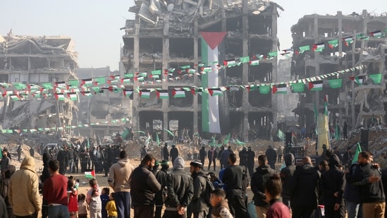 A drone view showed people gathering in the war-ravaged region of Gaza during the arrival of the freed Palestinian prisoners(REUTERS)