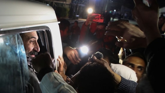 A 110 freed Palestinian prisoners were also welcomed after being released from Israeli jails, returning to Gaza where a ceasefire has brought temporary peace to the region(Hatem Khaled/REUTERS)
