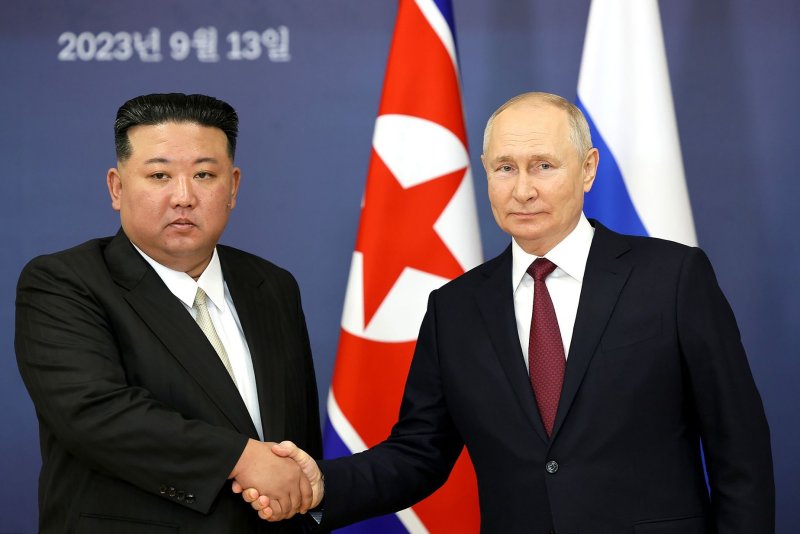North Korean leader Kim Jong Un (L) meets with Russian President Vladimir Putin during the Russia-North Korea Summit in 2023. In June, he signed a treaty resulting in North Korea deploying an estimated 11,000 troops to the Kursk area of Russia to help fight Ukrainian troops there. File Pool Photo by Kremlin/UPI
