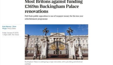 Most Britons against funding £369m Buckingham Palace renovations (YouGov Poll)
