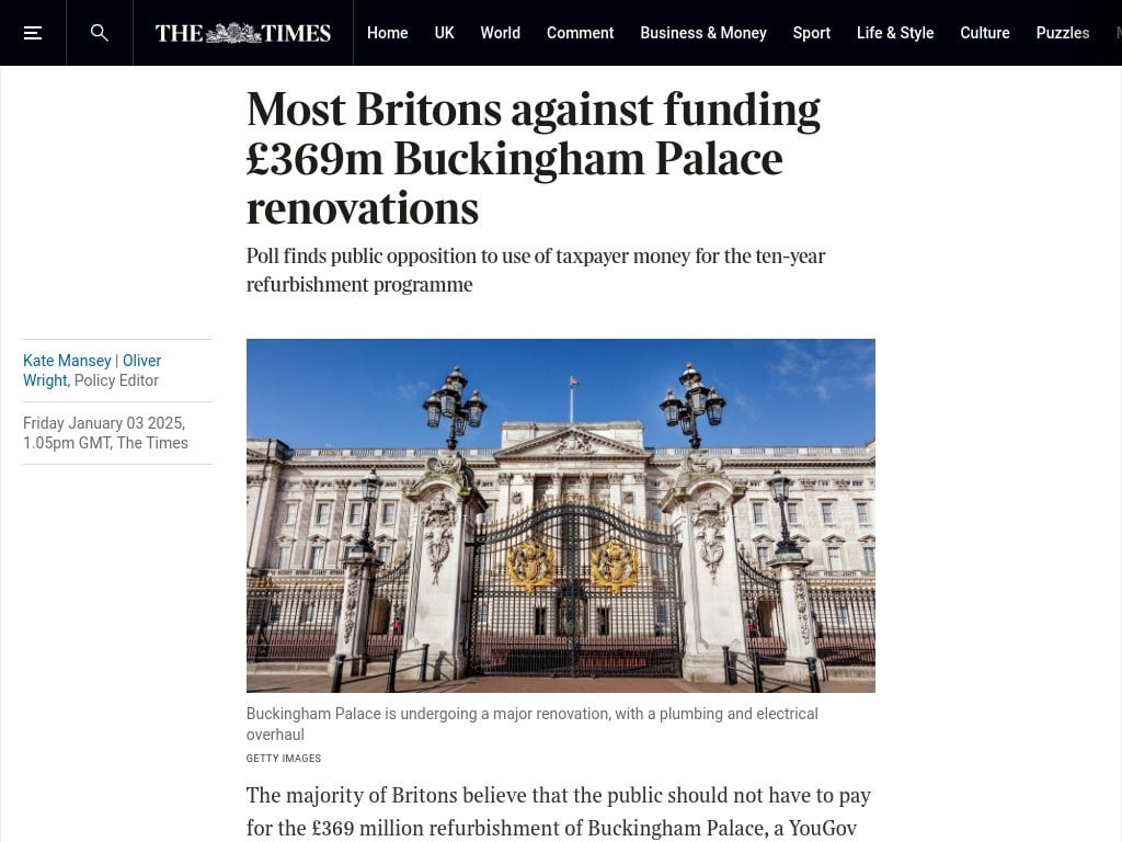 Most Britons against funding £369m Buckingham Palace renovations (YouGov Poll)