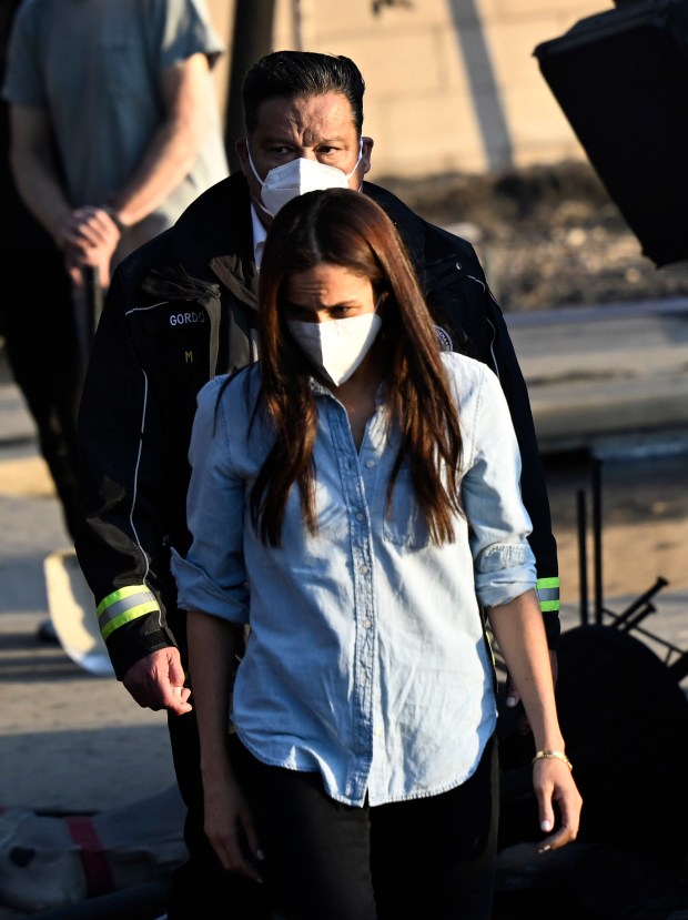 Meghan Markle, Duchess of Sussex member of the British royal family with mayor of Pasadena Victor Gordo at a home at 2858 Highview Ave. and Altadena Dr. that was destroyed during the Eaton Fire in Altadena on Friday, Jan. 10, 2025. (Photo by Keith Birmingham, Orange County Register/ SCNG)