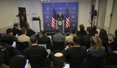 U.S National Security Advisor, Jake Sullivan, speaks during a news conference in Tel Aviv, Israel, ...